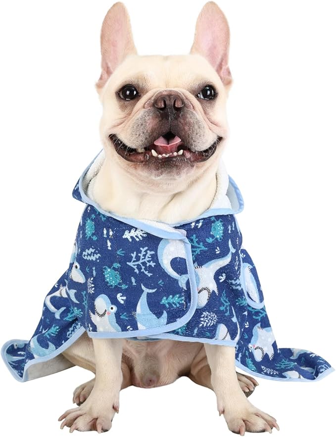 HDE Dog Bathrobe Super Absorbent Quick Drying Puppy Towel Wrap Coat Adjustable After Bath Robes with Hood for Dog Sizes S-XXL Sharks M