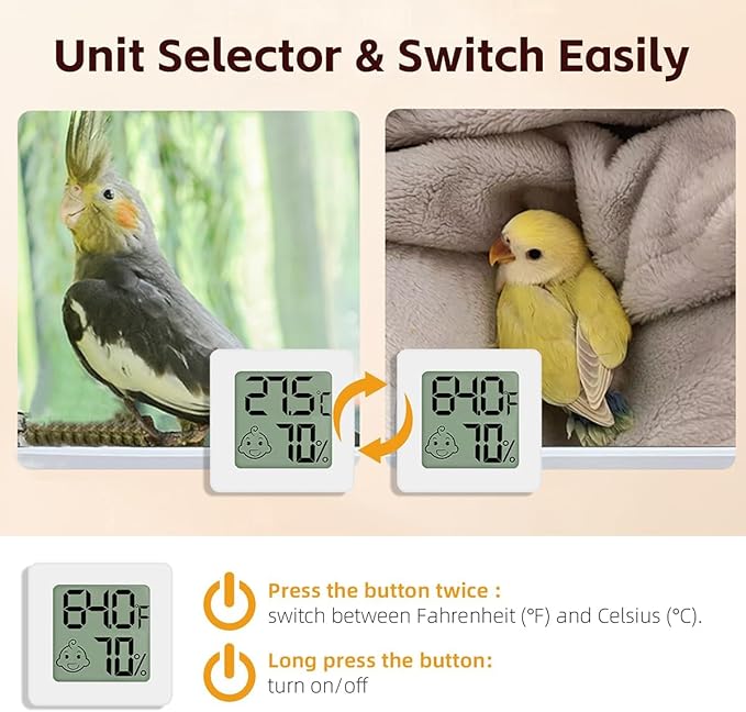 MANON ROSA Bird Thermometer Hygrometer – Mini Digital Magnetic & Adhesive Pet Temperature and Humidity Sensor Gauge for Parrot Cages, Lizard Spider Snake Gecko Reptile Rearing Boxes