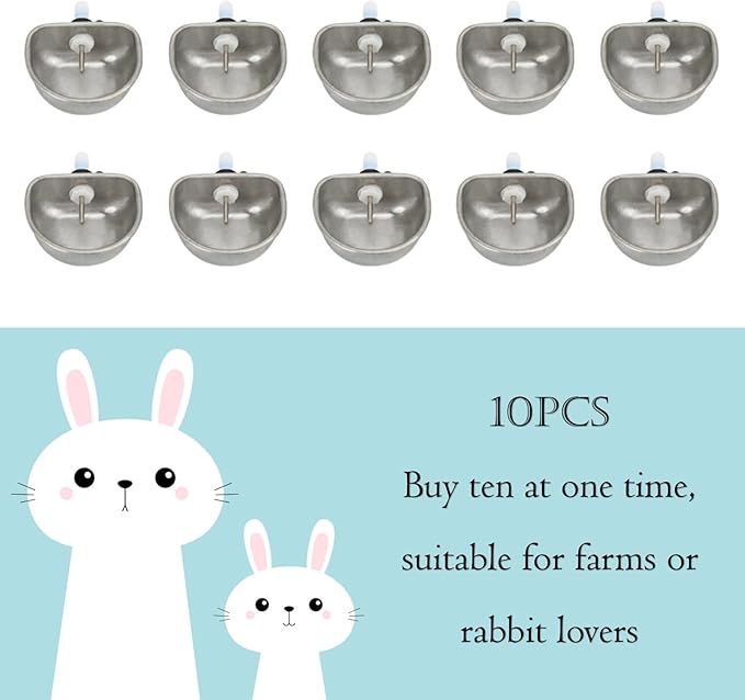 10Pcs Rabbit Stainless Pet Water Bowl Dispenser, Automatic Rabbit Water Feeder with Bowl, Rabbit Watering System Kit, Removable Hanging Pet Cage Water Bowls