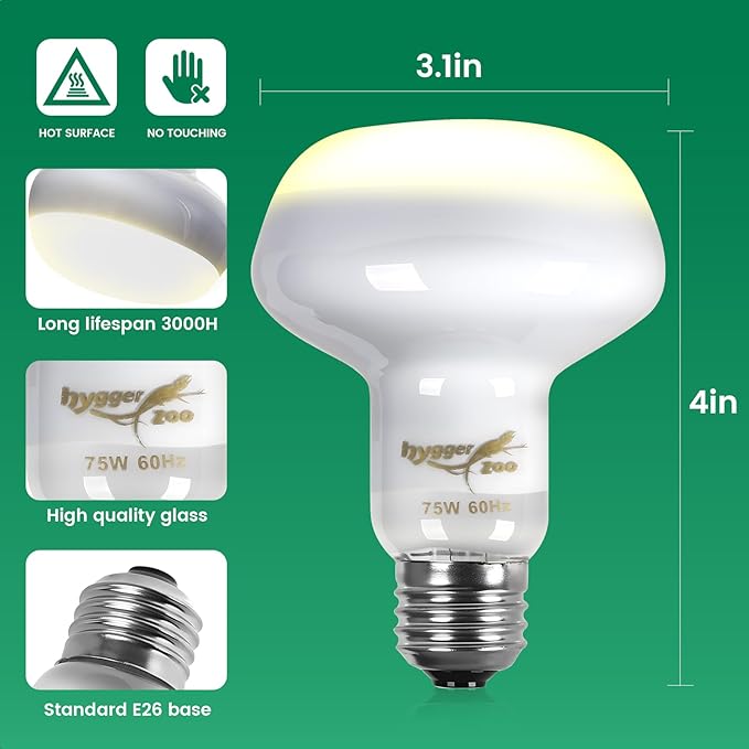Reptile Heat Lamp Bulbs 75W (2-Pack) – Efficient Heating & Simulated Sunlight Basking Light for Amphibians, Bearded Dragon, Lizard, Turtle, Chicken – E26 Base