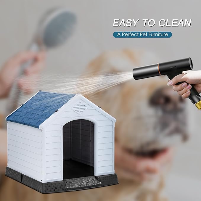 FDW 39-Inch Dog House Indoor Outdoor Durable Ventilate Waterproof Pet Plastic Dog House for Large Dogs Insulated Puppy Shelter Kennel Crate with Air Vents and Elevated Floor,Dark Black