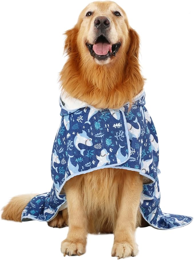HDE Dog Bathrobe Super Absorbent Quick Drying Puppy Towel Wrap Coat Adjustable After Bath Robes with Hood for Dog Sizes S-XXL Sharks XXL