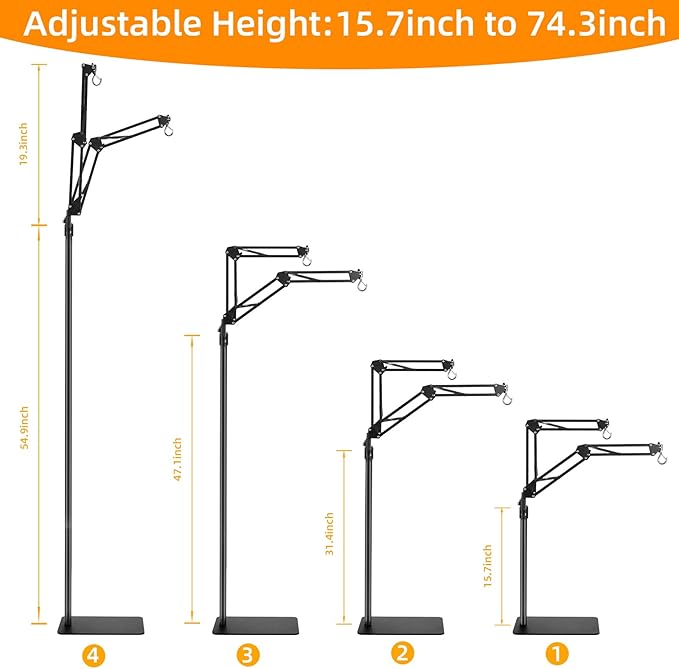 Dual Reptile Heat Lamp Stand, Adjustable Reptile Light Stand (15.7-74.3inch) with 360° Swing Arm and Anti-tip Clip, Lamp Holder for Terrarium, Amphibians Cage and Plants