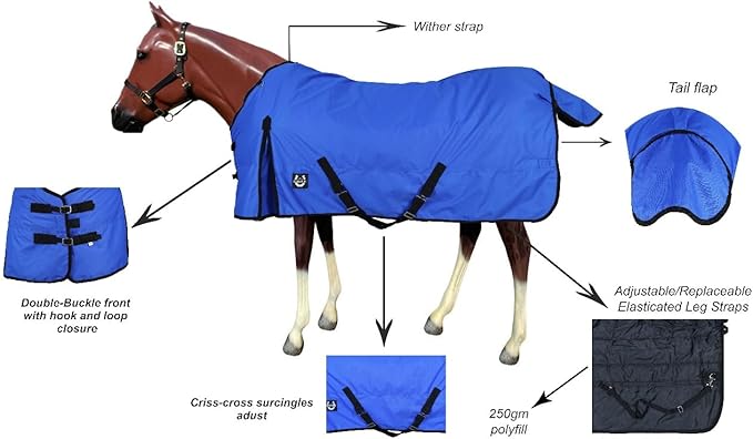 Horse Blanket 600D Ripstop Winter Turnout Blanket, 250 GSM Polyfill, 100% Waterproof & Breathable, Cold Weather Horse Blanket with Secure Fitt (Blue w/Black Trim),Size-78