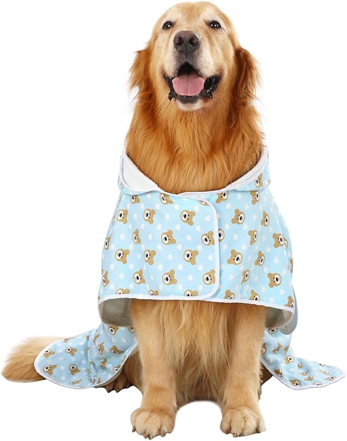 HDE Dog Bathrobe Super Absorbent Quick Drying Puppy Towel Wrap Coat Adjustable After Bath Robes with Hood for Dog Sizes S-XXL Teddy Bears XXL