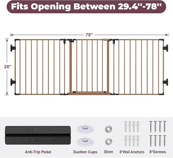 78" Extra Wide Baby Gate, Dog Gates Indoor for Doorways Stairs, Essential Safety Gate for Child, Hardware Mounted Adjustable Pet Gate with Anti-Trip Pedal, 28'' Tall 3 Metal Panels Brown