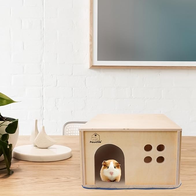 PAWCHIE Guinea Pig House Hide - Wooden Hideout for Chinchilla Small Animals, Habitat with Windows Guinea Pig Hamster Rat Living, Rectangular Hut with Pee Pad