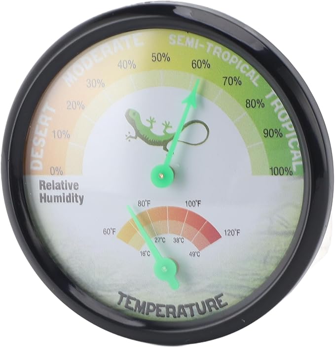 Compact Mechanical Thermometer and Hygrometer for Reptiles, Temperature and Humidity Indicator, No Battery Required, 74mm Dial, Clear Scale