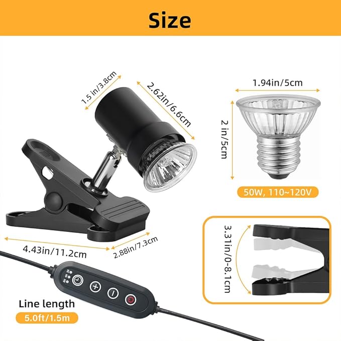 Reptile Heat Lamp with 360° Rotatable Clamp Basking Spot Lamp with 50W UVA UVB Heat Bulb Simulated Sunlight Heating Lamp with Timer&Dimmer for Turtles Lizards Snakes Amphibian Terrariums