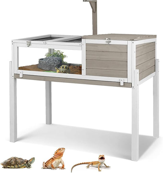 Standing Tortoise Habitat with Lamp Holder in Indoor & Outdoor, Wooden Turtle Enclosure Table with Detachable Legs, Leakproof Tray, Openable Roof for Tortle, Lizard, Chameleon, Grey