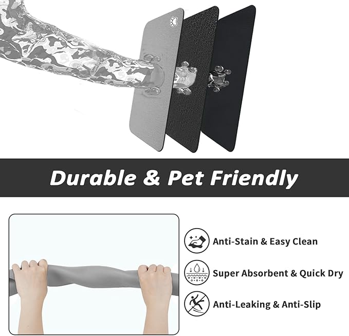 HotLive Dog Food Mat - Absorbent Cat Mat for Food and Water, No Stains Pet Feeding Bowl Mat, Easy to Clean Pet Placemats, Quick Dry Dog Water Dispenser Mat for Messy Drinkers | Paw Grey 18"x 28"