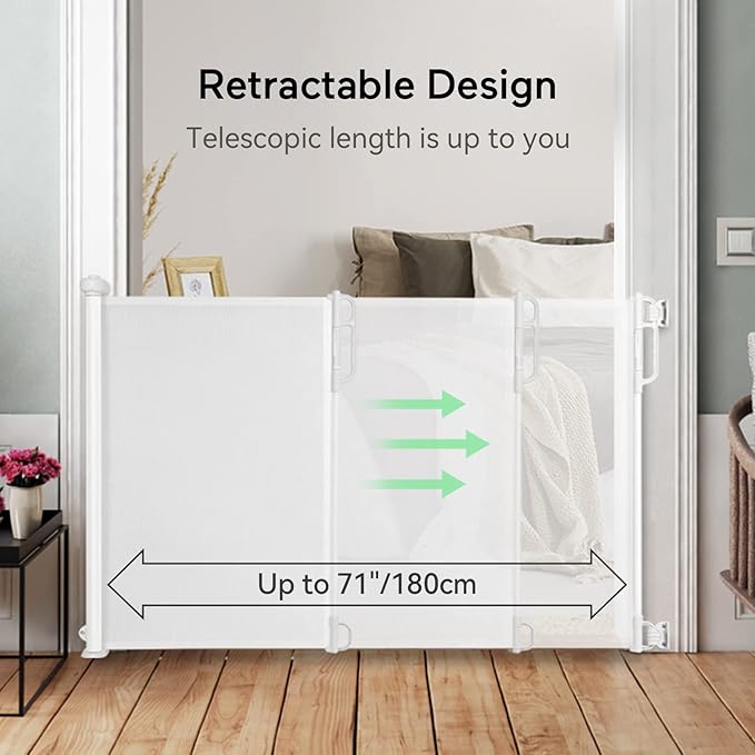 Momcozy Retractable Mesh Baby Gate or Dog Gate, Child Safety Gate for Indoor or Outdoor, 41-inches Tall with up to 71-inches Wide Extension, White