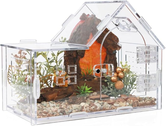 Jumping Spider Enclosure, Acrylic Cabin Terrarium with Sloped Roof & Magnetic Front Door, for Arboreal Pets, Mantis, Small Reptile Habitat (Transparent Color, L 7.9",W 3.9",H 5.9")
