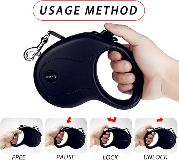 enrgticdg 16Ft Retractable Dog Leash,Light Weight Leash for Small to Medium Dogs/Cats Up to 50lbs,Stainless Steel Spring Strong Nylon Tape, Tangle Free, One-Handed Brake.(Black)