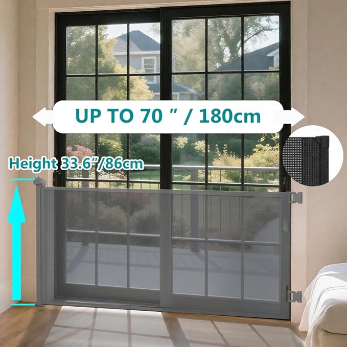 Retractable Baby Gate,Mesh Baby Gate or Mesh Dog Gate,34" Tall,Extends up to 70" Wide,Child Safety Gate for Doorways, Stairs, Hallways, Indoor or Outdoor (Gray, 70''Wide 34''Tall)