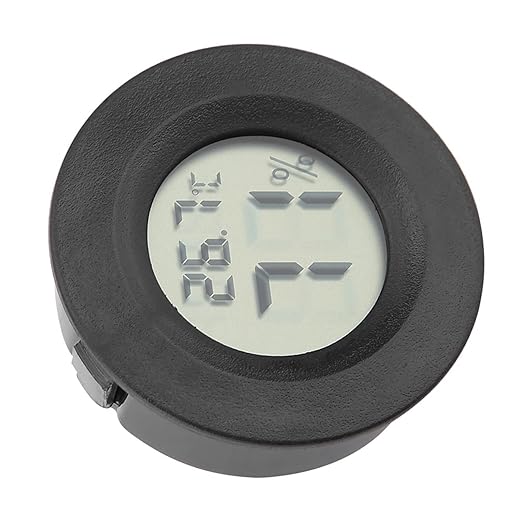 Fydun Digital Thermometer Hygrometer, LCD Temperature Humidity Mini Hygrometer Round Shape Thermometers Meter for Reptile Incubator Aquarium Poultry, Compact Size & (Black)