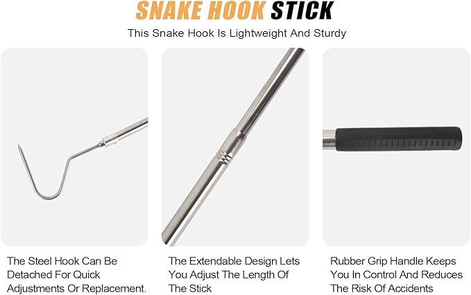 Snake Hook, Stainless Steel Extensible snake grabber tool, 33 inch Sturdy snake Catcher Handling Stick Trap Tool Tong for Herpetologists, Wildlife control personnel, Wranglers, Removal Experts