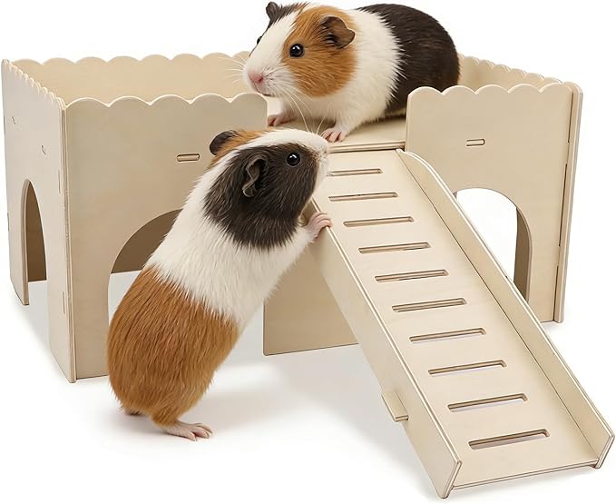Hypeety Wooden Guinea Pig Hideout Sturdy Wooden Castle with Stairs Easy to Assemble Small Animal House Guinea Pig Hut Bed Habitats for Hamsters Bunnies Chinchillas Playing and Hiding