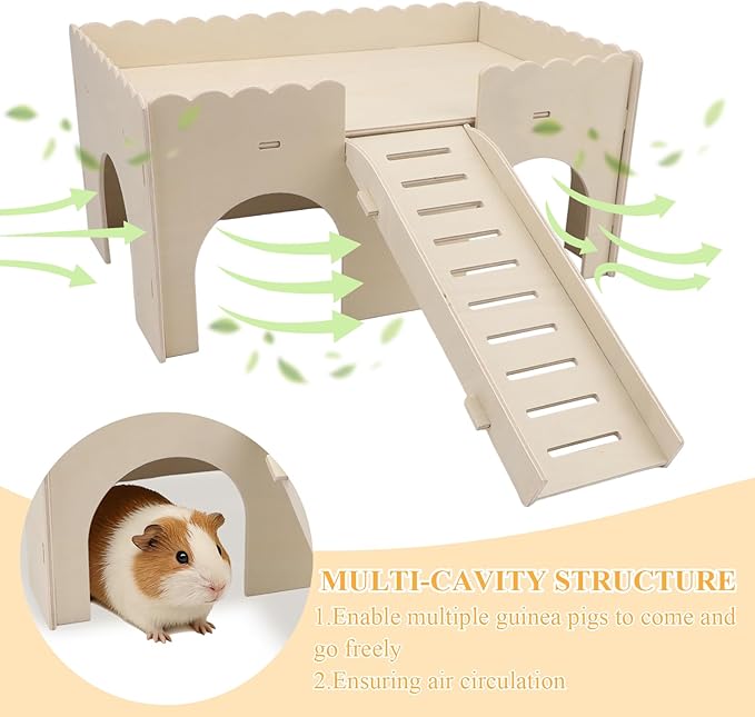 Hypeety Wooden Guinea Pig Hideout Sturdy Wooden Castle with Stairs Easy to Assemble Small Animal House Guinea Pig Hut Bed Habitats for Hamsters Bunnies Chinchillas Playing and Hiding