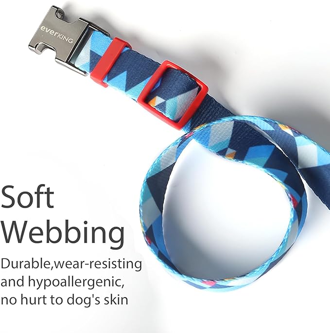 Everking Dog Leash and Collar Set with Metal Buckle, Suitable for Small Dogs Weighing 3-10kg,Memphis Geometric Pattern Design Style, Flexible Webbing, Nylon Handle, Adjustable (Blueberries, S)