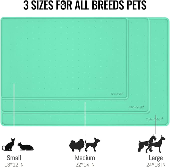 MateeyLife Dog & Cat Food Mat - Waterproof, Nonslip Dog Bowl Mats with Raised Edges, Silicone Matt Tray for Messy Drinkers, 22"x14", MintGreen