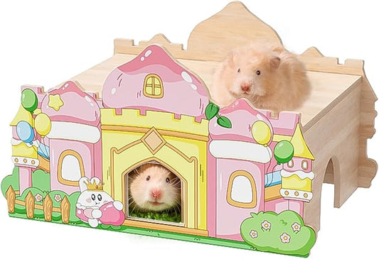 mini&moe Hamster Houses and Hideouts – Wooden Hamster Hideout Small Animal Habitat Decor Shelter with Platform for Dwarf Gerbils Chinchilla Rat Mouse