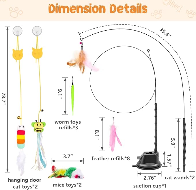 Depets Cat Wand Toy, 15 Pcs Interactive Cat Feather Toys for Indoor Self Play & Exercise, 2 Play Modes Kitten Teaser Wand, Reusable Suction Cup Kitten Toys - Image 3