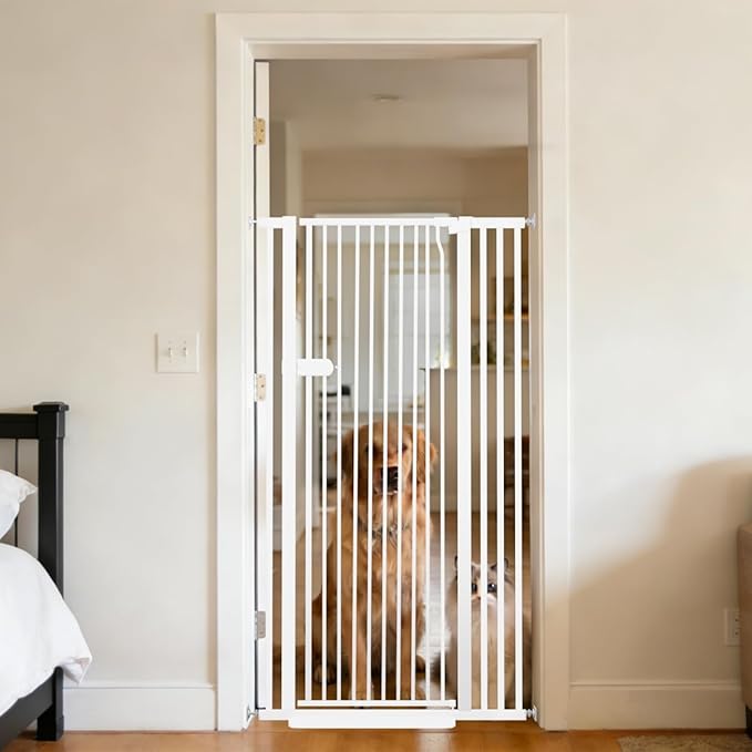 Lumizone Extra Tall Cat Gate 55.12" High Pressure Mounted Extra Wide 2025 New (17 Sizes) 1.37" Gap No Drilling Auto-Close One-Handed Operation Tall Pet Gate for Dogs(White, 55.12" H x 29.92"-38.38" W)