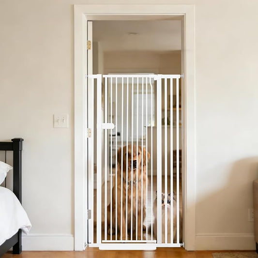 Lumizone Extra Tall Cat Gate 55.12" High Pressure Mounted Extra Wide 2025 New (17 Sizes) 1.37" Gap No Drilling Auto-Close One-Handed Operation Tall Pet Gate for Dogs(White, 55.12" H x 29.92"-38.38" W)