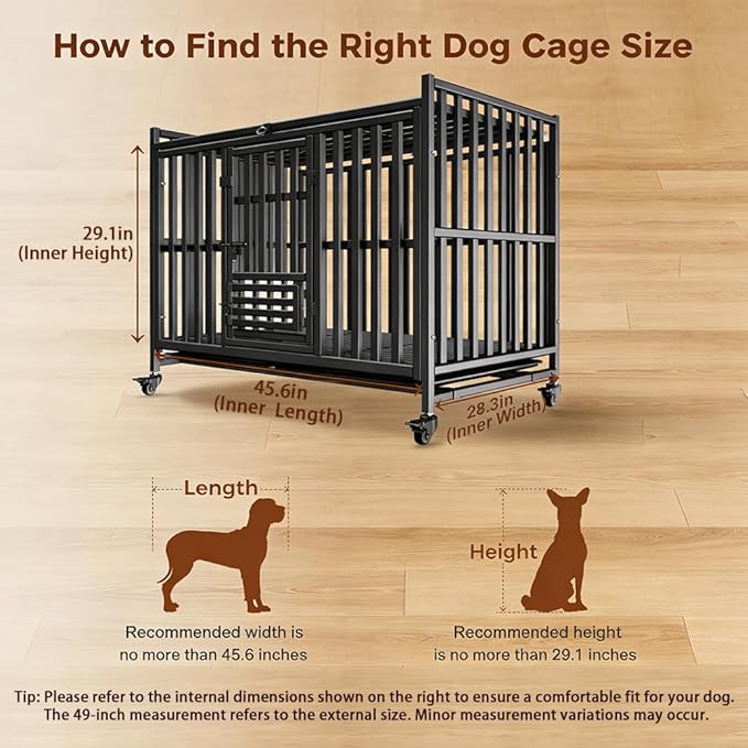 Heavy Duty Dog Crate, Escape-Proof Indestructible Cage for High-Anxiety Dogs, 3-Door Kennel with 4 Lockable Wheels and 2 Removable Trays Ideal for Large & Medium Breeds (49in)