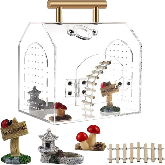 Jumping Spider Enclosure kit, Acrylic Tarantula Enclosure with Wooden Bridge, Mushroom, Pagoda Pond, Road Signs, Insect Terrarium with Handle and Magnetic Door, No Assembly Required (Medium)