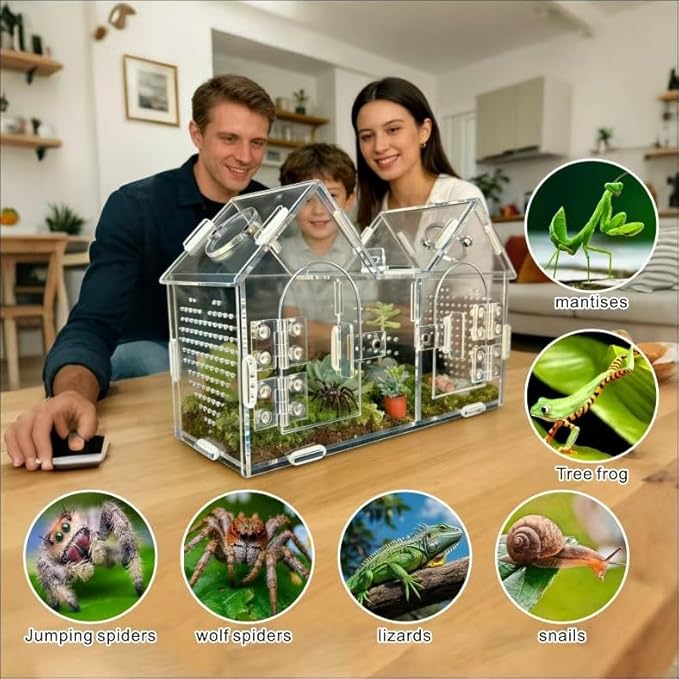 Jumping Spider Enclosure, Dual Magnetic Doors & Observation-Feeding Windows, Acrylic Reptile Habitat Kit, Pet Terrarium for Spiders, Tarantulas, Snails, Lizards & Small Reptiles (9.6×4.2×5.8 inches)