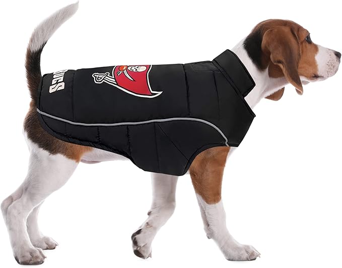 NFL Tampa Bay Buccaneers Puffer Vest for Dogs & Cats, Size Large. Warm, Cozy, and Waterproof Dog Coat, for Small and Large Dogs/Cats. Best NFL Licensed PET Warming Sports Jacket