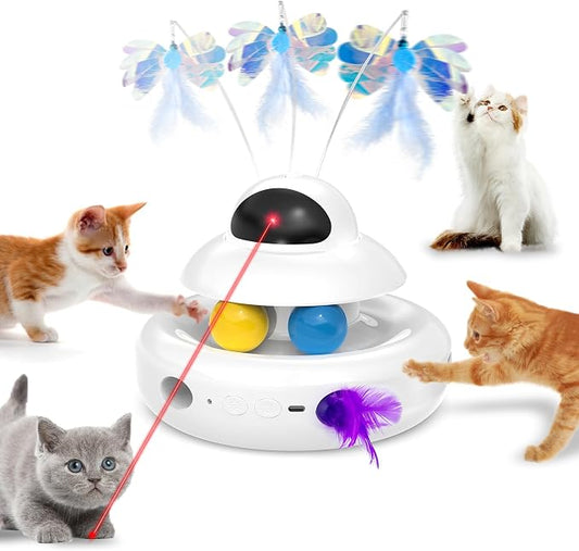 MOHAYA Cat Toys，4-in-1 Interactive Cat Toy for Indoor Cats with Laser, Fluttering Butterfly, Moving Feather and Track Balls - USB Rechargeable Self-Play Kitten Toy (White) by Unknown