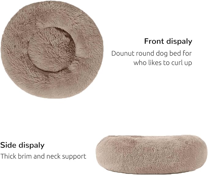 HACHIKITTY Calming Donut Cuddler Dog Bed, Round Fluffy Pet Bed with Sewn-in Cushionfor Large Dogs,Washable, Large, Taupe, 24''