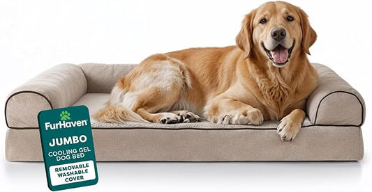 Furhaven Cooling Gel Dog Bed for Large Dogs w/ Removable Bolsters & Washable Cover, For Dogs Up to 95 lbs - Sherpa & Chenille Sofa - Cream, Jumbo/XL