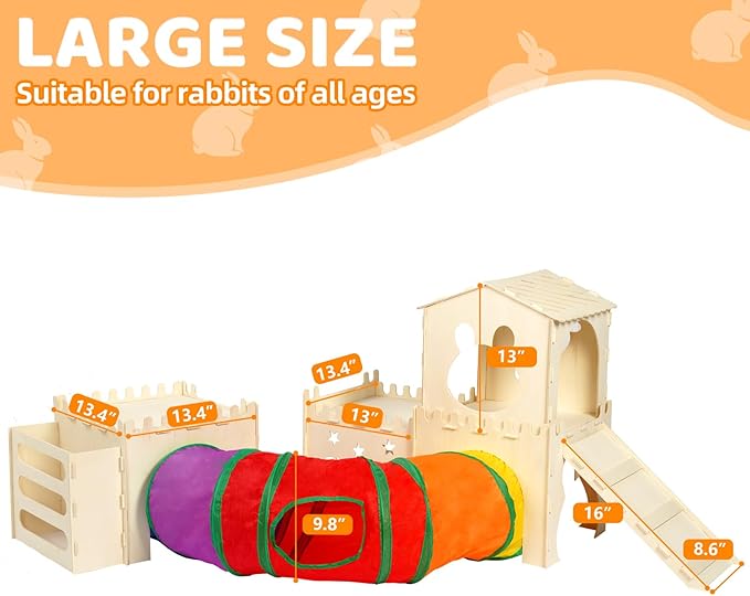 Extra Large Wooden Rabbit Hideout with Tunnels and Hay Feeder - Multistory Bunny Castle with Stairs, Climbing Tower and Sturdy Habitat for Indoor Bunnies, Guinea Pigs, Chinchillas Small Animal