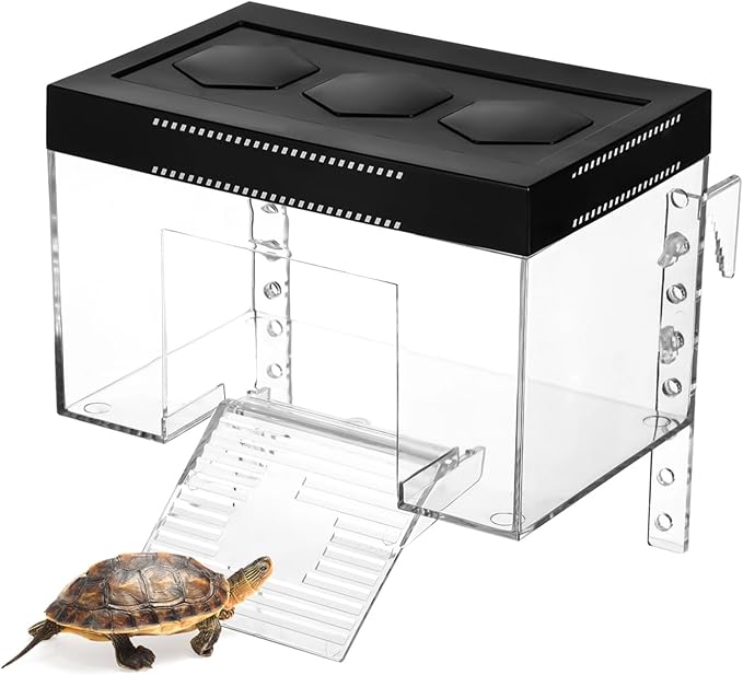 Clear Turtle Sunroom, Tortoise Raised Basking Zone with Ramp & Top, Height Adaptable, Small Reptile Abode with Drilled Hole for Hex Basking Bulb