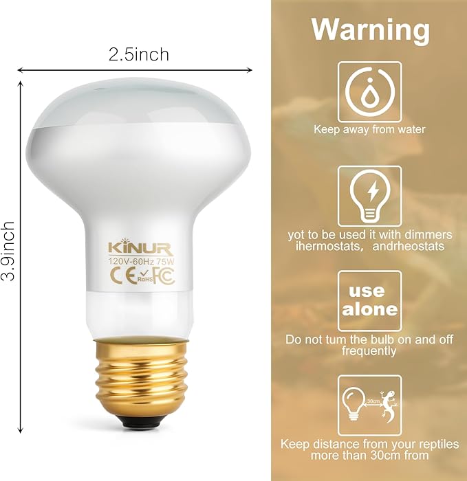 KINUR Reptile Heat Lamp Bulb-75W 2 Pack,UVA Basking Light,Natural Daylight Heating Light for Bearded Dragon,Turtle,Tortoise,Lizard,Snake,Gecko,Chicken with Digital Temperature Strips E26