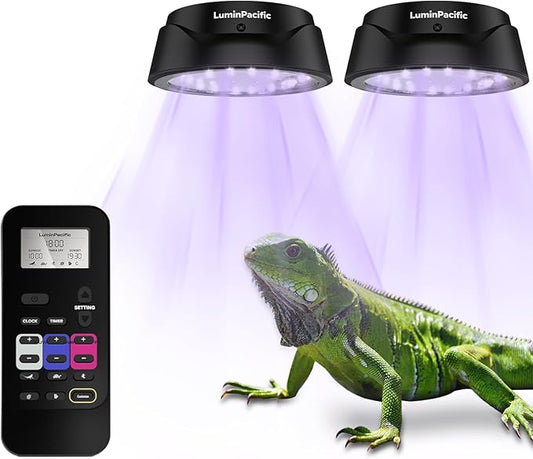 UVB Reptiles Light with Remote, UVA UVB FR Lamp for Rainforest & Desert Reptiles, Ferguson Zones 1-4, Timer Switch, 10 Dimmable, for Bearded Dragon, Turtle, Frog, Snake, Plant (2 Pack)