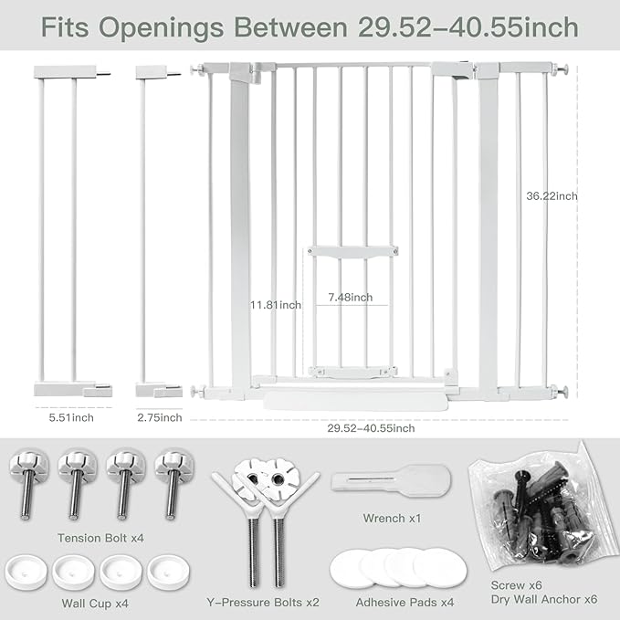 SHYUJAJIE 37 Inch Tall Baby Gate with Cat Door, Adjustable 29.55" and -40.55" Wide Auto Close Dog Gate Pressure Mounted Safety Pet Gate for Stairs, Doorway, House