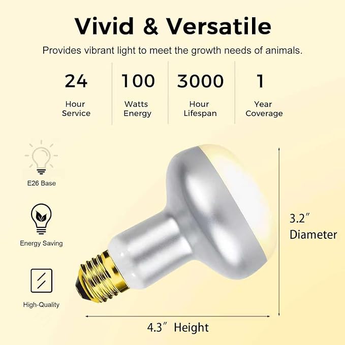 Reptile Heat Lamp 100W, Intense UVA Basking Light Bulbs, Flat-Base Heat Emitter, Heat Lamp Bulb for Reptile Chick 2 Pack