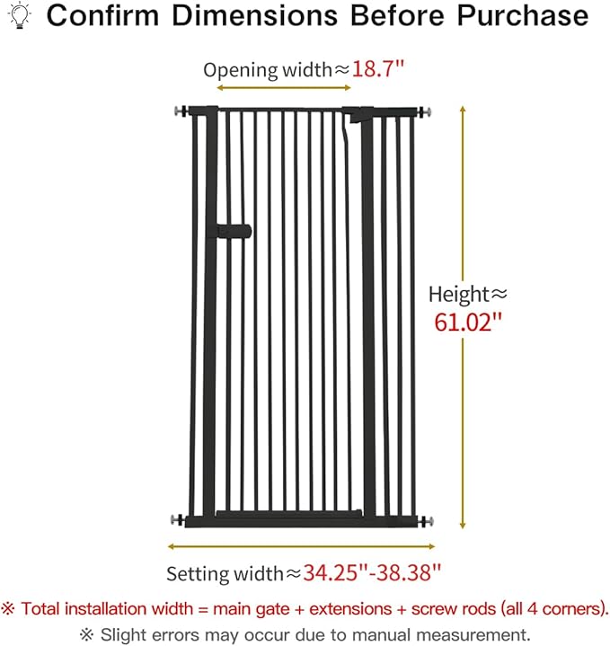 Lumizone Extra Tall Cat Gate 61.02" High Pressure Mounted Extra Wide 2025 New (17 Sizes) 1.37" Gap No Drilling Auto-Close One-Handed Operation Tall Pet Gate for Dogs(Black, 61.02" H x 29.92"-38.38" W)
