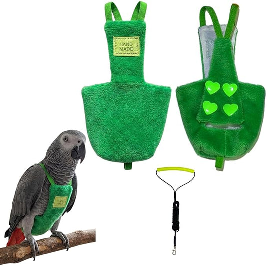 Adjustable Bird Diaper Parrot Clothes Flight Suite, Reusable Parrot Nappy with Waterproof Inner Layer, Warm Bird Urine Wet Suit Costume for Conure African Grey Quaker (Green, with Leash,2XL)