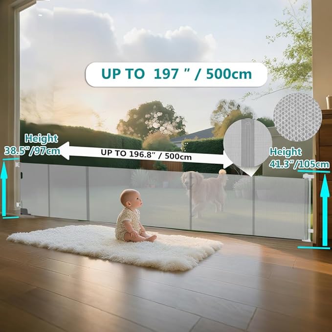 200 Inch Extra Wide Retractable Baby Gate,Mesh Baby Gate or Mesh Dog Gate,34" Tall,Child Safety Gate for Doorways, Stairs, Hallways, Indoor or Outdoor (Gray, 200''Wide 41''Tall)