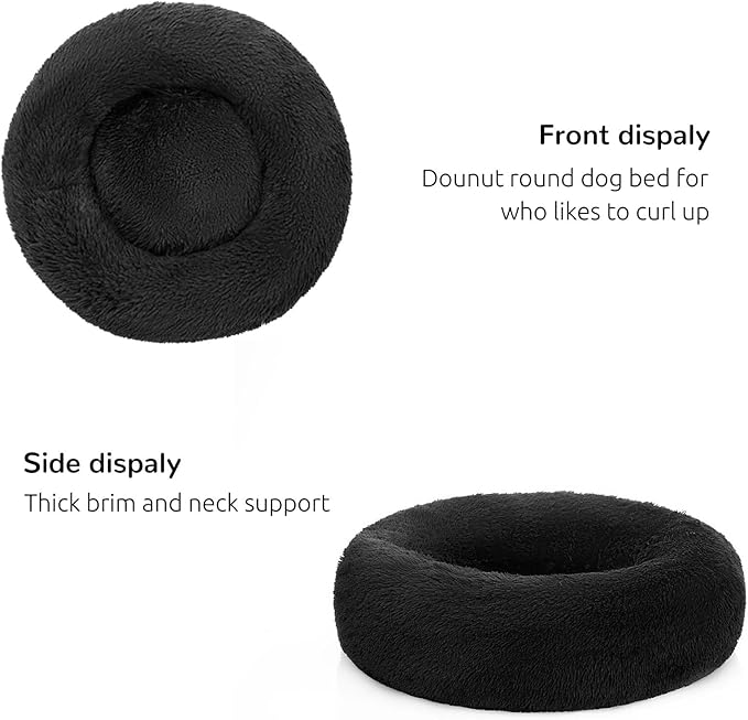 HACHIKITTY Calming Donut Cuddler Dog Bed, Round Fluffy Pet Bed for Large Dogs,Washable, Large, Black, 30''
