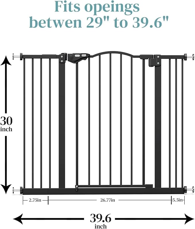 InnoTruth 29-39.6”Baby Gate for Stairs & Doorways,30" Tall Dog Gate for Pets,Dual-Lock Safety and One Hand Opening Design,Pet Gate for Hallways,Outdoors,Wall-Friendly Pressure Mounted, Pure Black