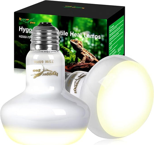 Reptile Heat Lamp Bulbs 75W (2-Pack) – Efficient Heating & Simulated Sunlight Basking Light for Amphibians, Bearded Dragon, Lizard, Turtle, Chicken – E26 Base