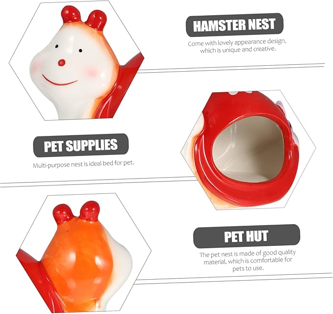 DOITOOL Ceramic Hamster Hideout, Adorable Cartoon Snail Shape Hamster House Cave, Chinchilla Hideout Small Animal Hideout Hut Cave Cage Accessories (Red and White)