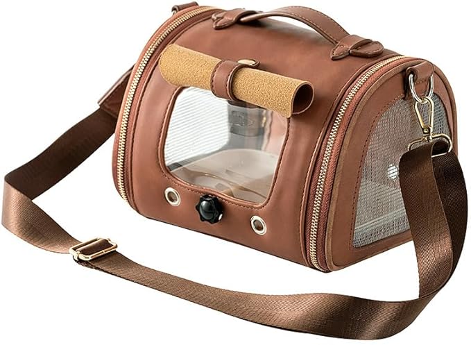 Bird Handbag with Plastic Tray, Brown Portable Parrot and Bird Travel Handbag, Suitable for Small Pets Such as Hamsters, 22x17x17cm, with mesh Window, Shoulder Strap and Standing Wooden Stick
